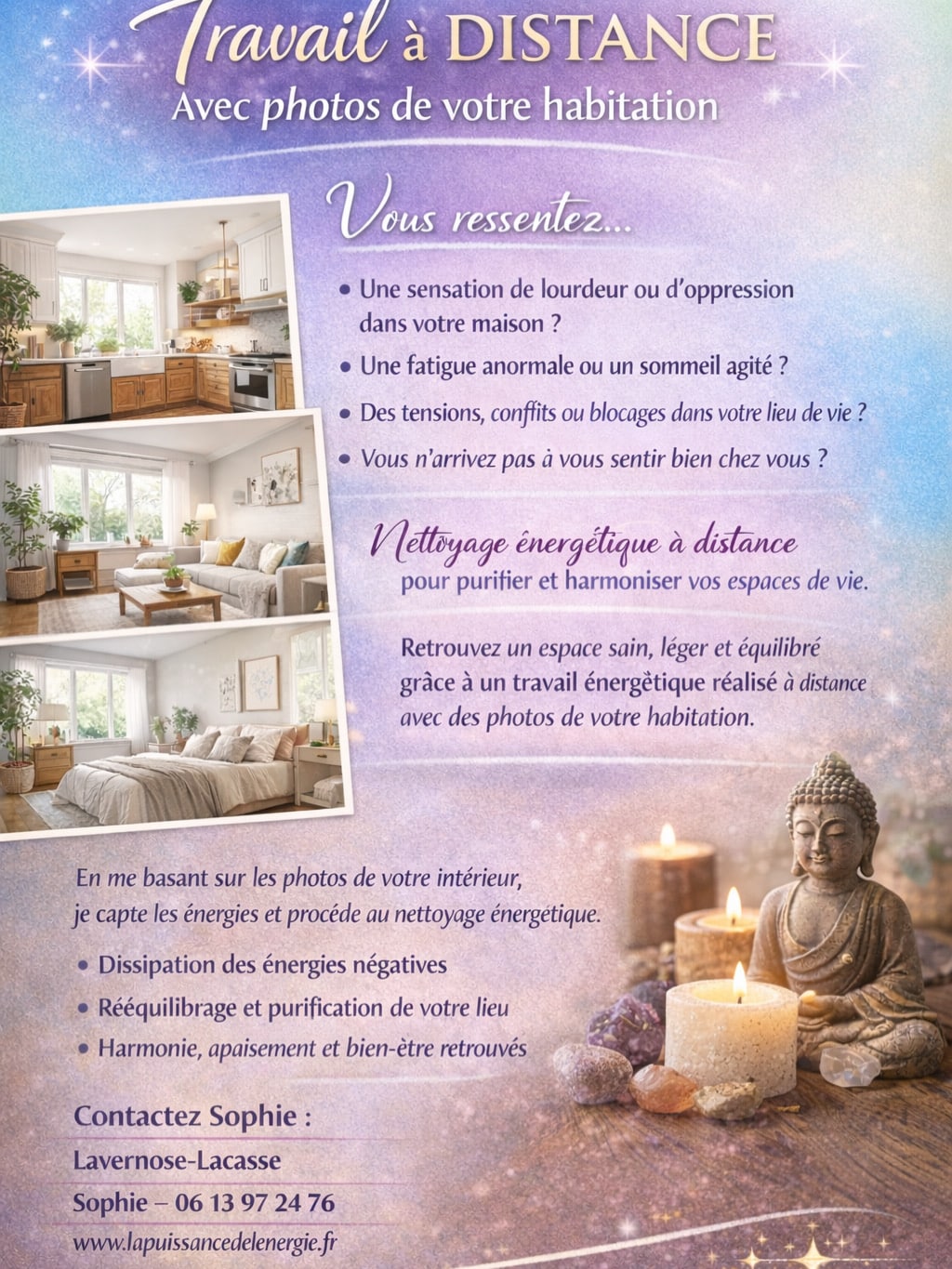 Flyer de Sophie pour nettoyage énergétique à distance d'habitation. Intérieurs zen, Bouddha, bougies et cristaux.