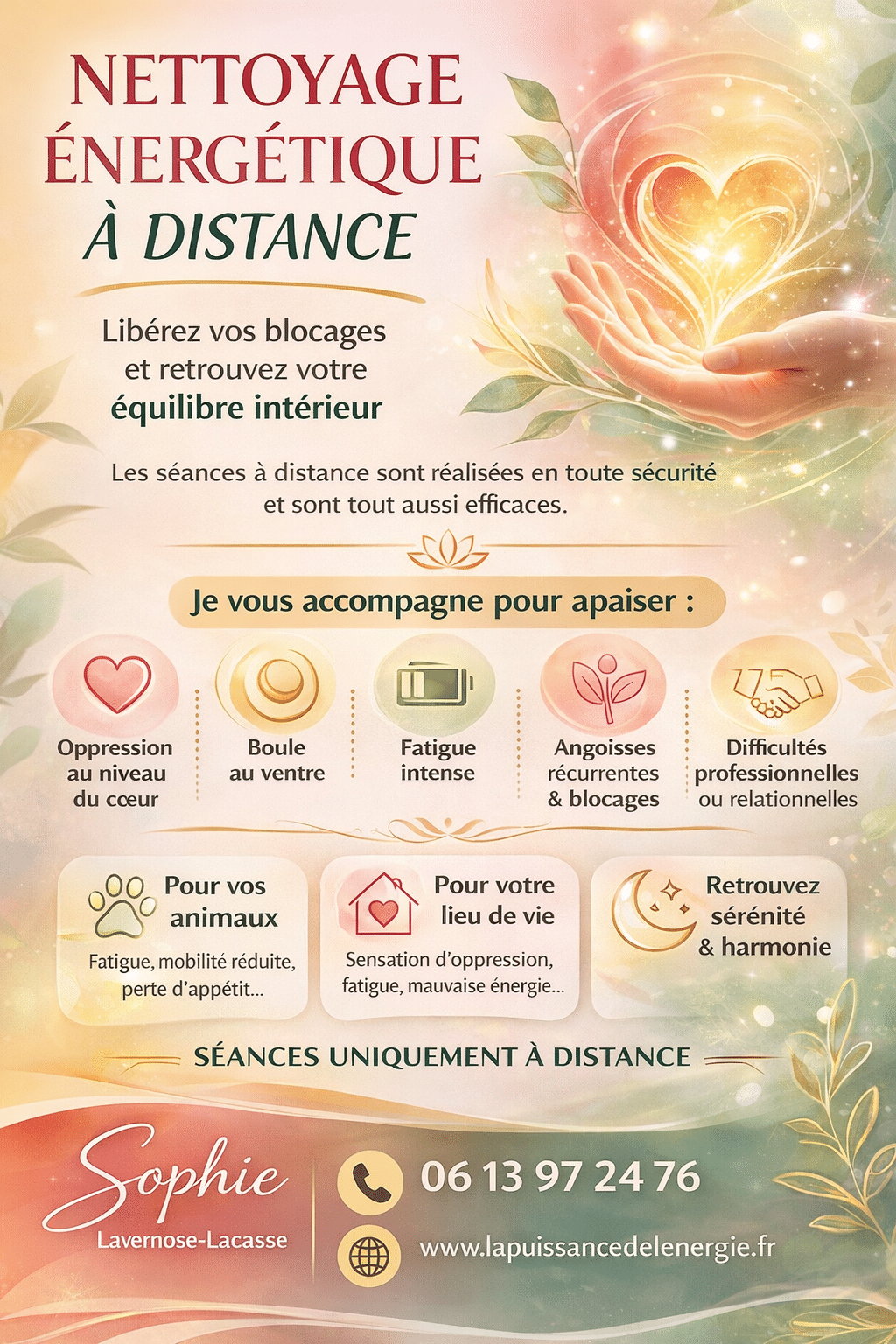 Flyer pour nettoyage énergétique à distance par Sophie : libérez vos blocages et retrouvez votre équilibre intérieur.