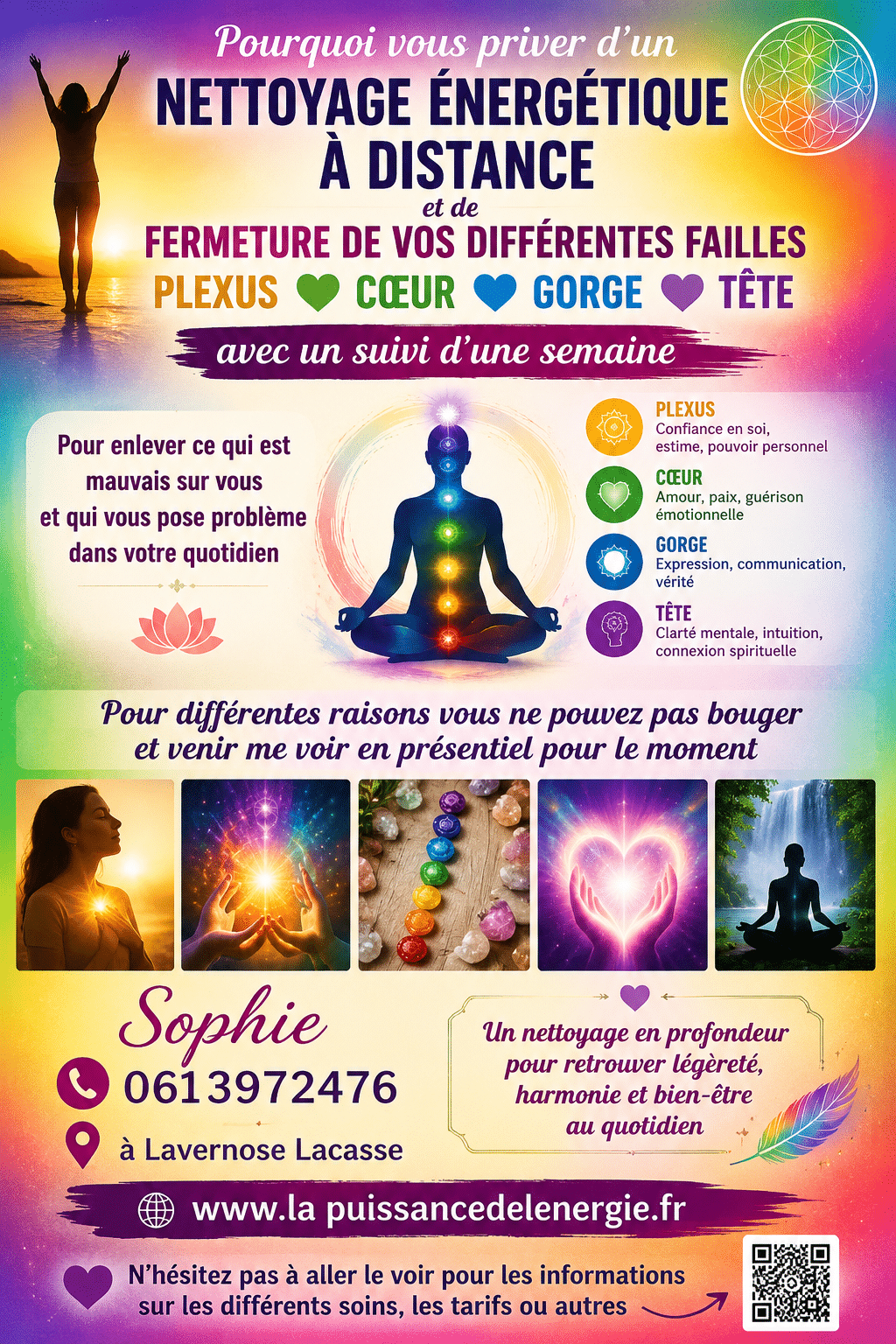 Nettoyage énergétique à distance par Sophie : rééquilibrage des chakras et soin pour retrouver harmonie et bien-être.