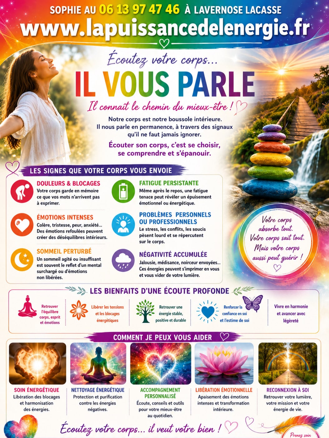 Flyer Sophie Au : soins énergétiques et bien-être. Écoutez votre corps pour l'harmonie et la libération émotionnelle.